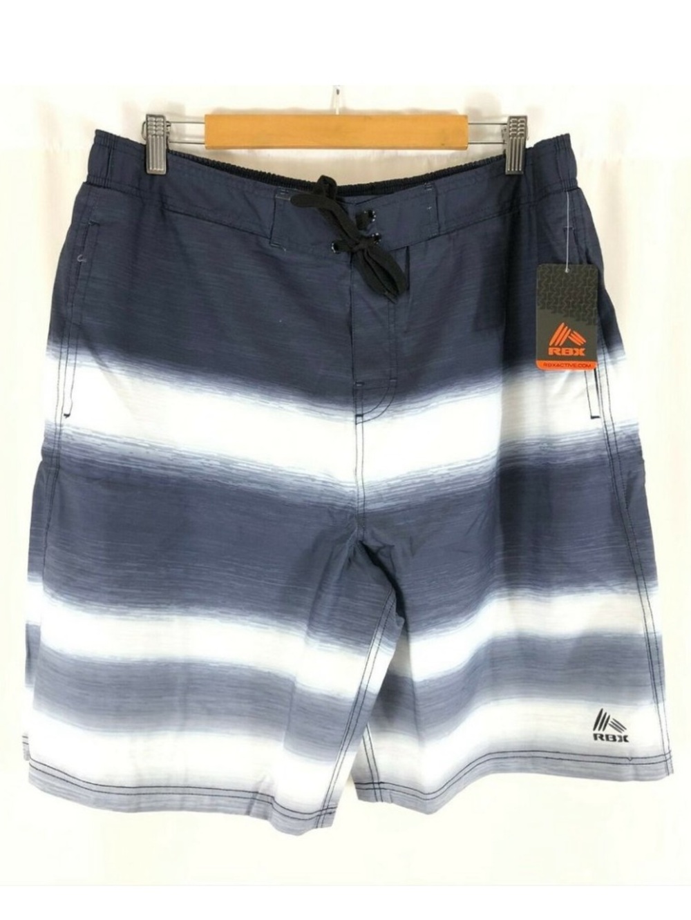 RBX Mens Swim Trunks Striped Gray White Pockets Size Medium